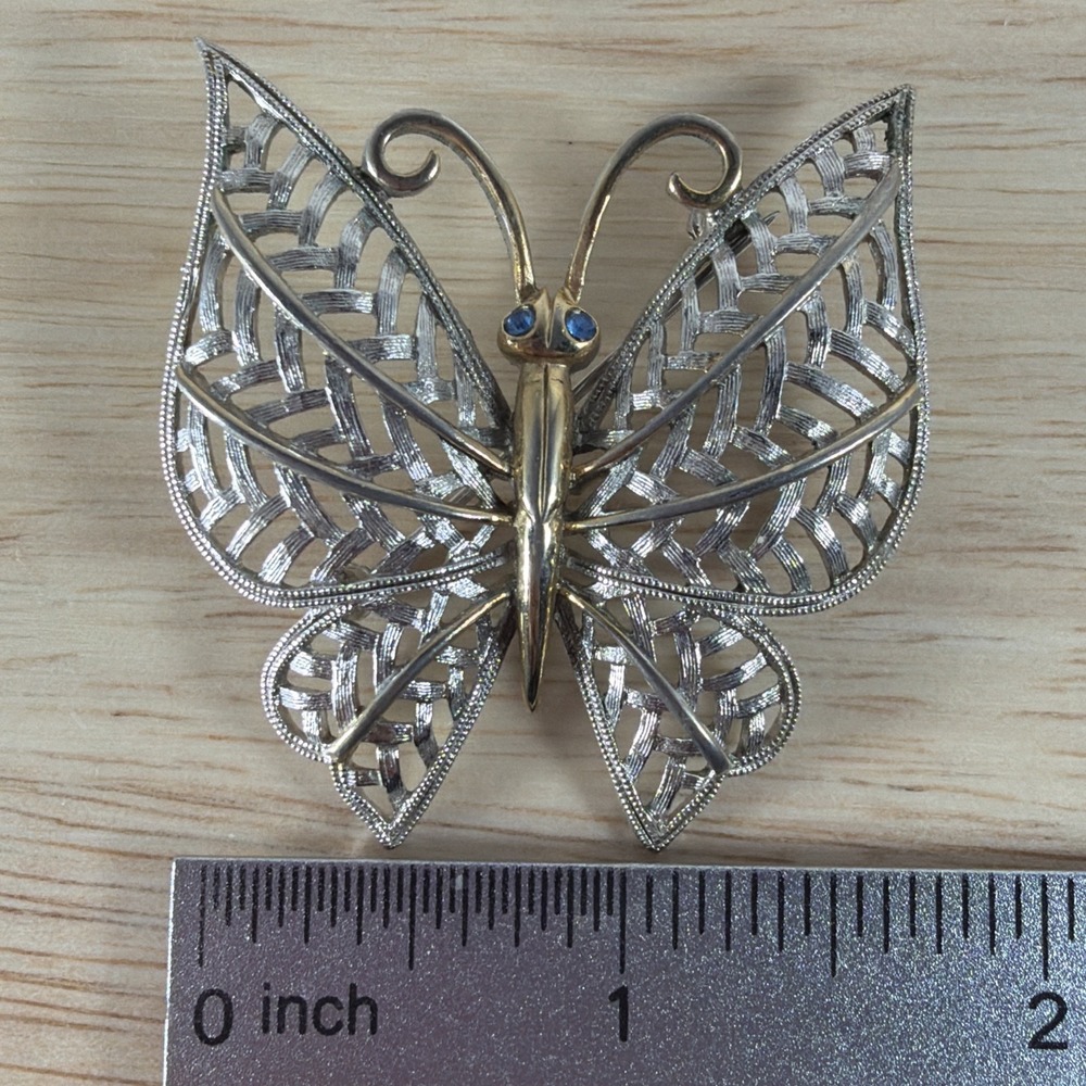 Avon Butterfly Pin Brooch Silver Gold Tone With Blue Rhinestone Eyes Vintage - Picture 3 of 5